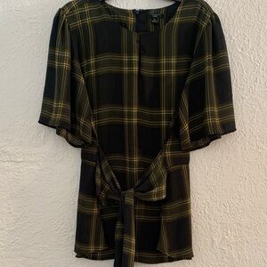 Ann Taylor Olive & Black Plaid Tie-Front Blouse with Yellow Accent